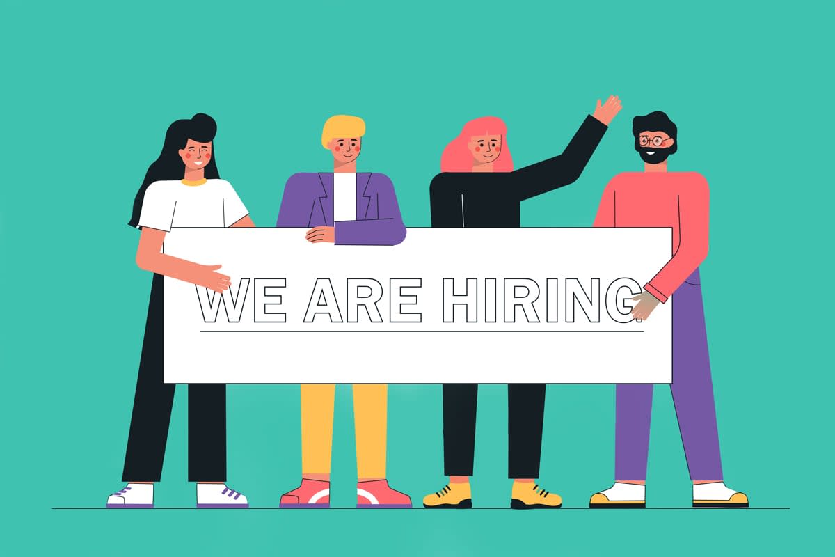 This illustration shows a we are hiring sign held by people.