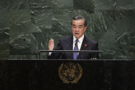 Chinese Foreign Minister Wang Yi addresses the 74th session of the United Nations General Assembly, Friday, Sept. 27, 2019, at the United Nations headquarters. (AP Photo/Kevin Hagen).
