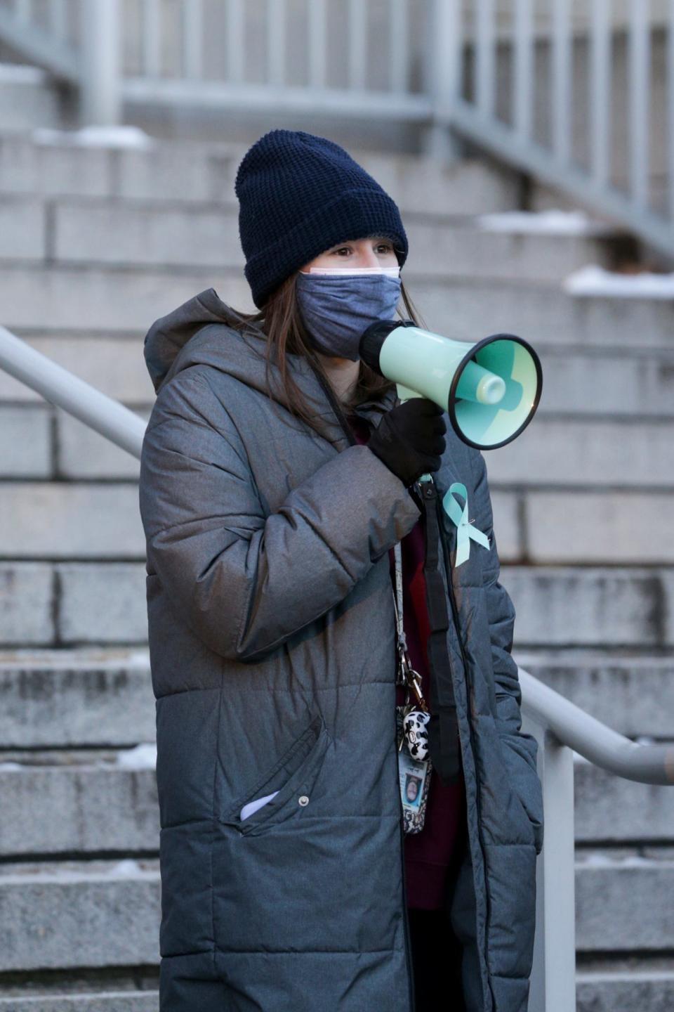 Grace Gochnauer, an organizer with MeTooPurdue, speaks during a solidarity march organized by the group over sexual assaults on Purdue's campus, Friday, Jan. 21, 2022 in West Lafayette.