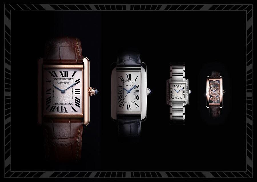 卡地亞2017年為慶祝坦克100週年推出了四個系列的新錶款。從左到右分別是TANK Louis Cartier系列；TANK Américaine美國坦克系列；TANK Française法國坦克系列。以及高級製錶的TANK Cintrée中央鏤空腕錶。