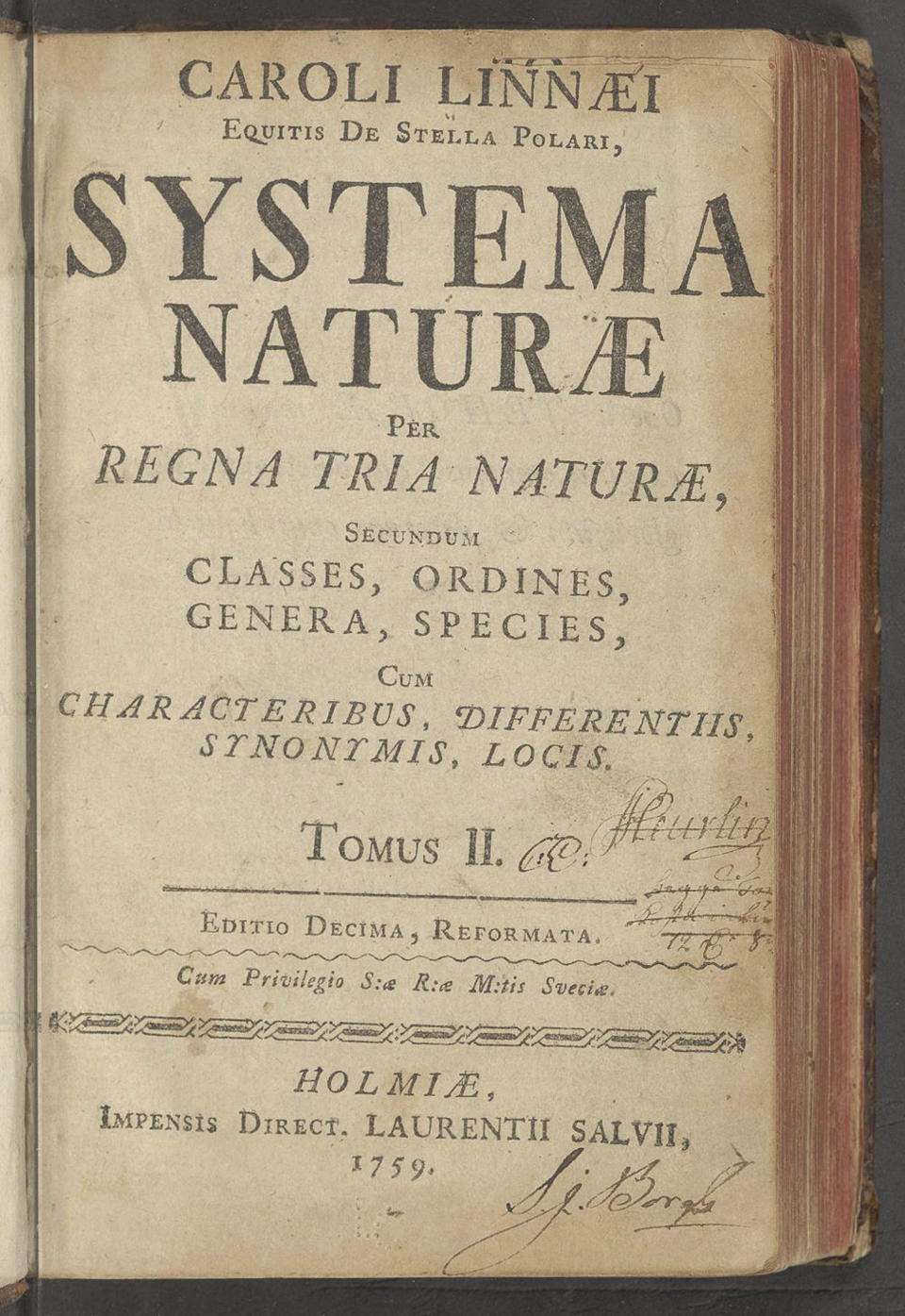 This image provided by the Library of Congress shows the title page of "Systema Naturae," the groundbreaking 1735 book by Carolus Linnaeus, also known as Caroli Linnaei, that introduced botanical nomenclature and classified all living things. (Library of Congress via AP)