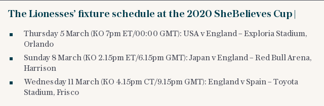 The Lionesses’ fixture schedule at the 2020 SheBelieves Cup