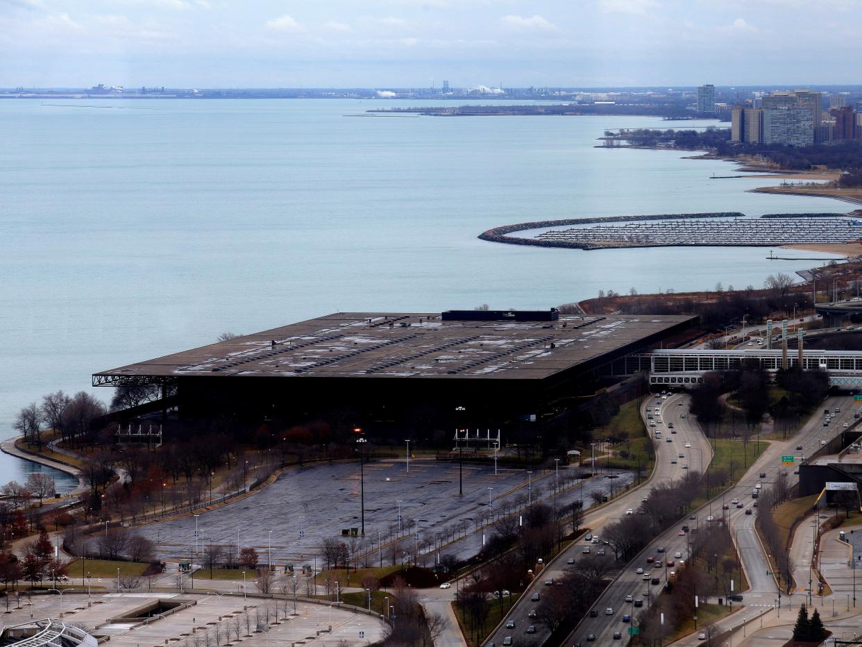 An aerial view of the McCormick Place Lakeside Center.