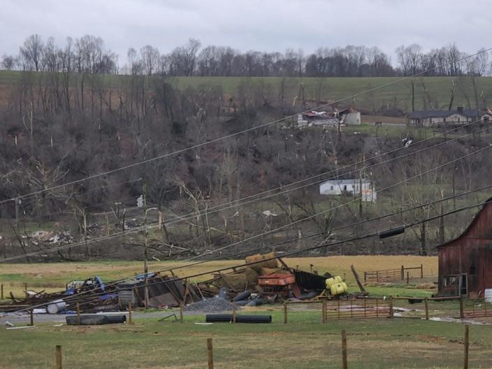 Damage caused by Friday&#39;s tornadoes at the sheep farm by Leslie Campbell&#39;s home in Kentucky.