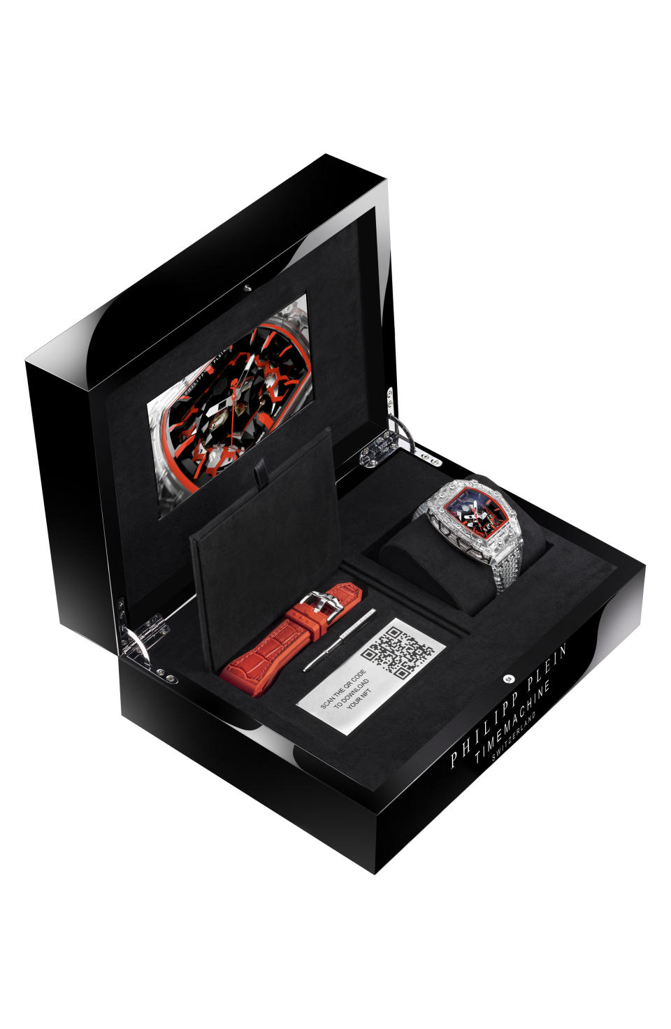 Philipp Plein's high watchmaking timepieces come in a box with a screen showcasing NFTs.