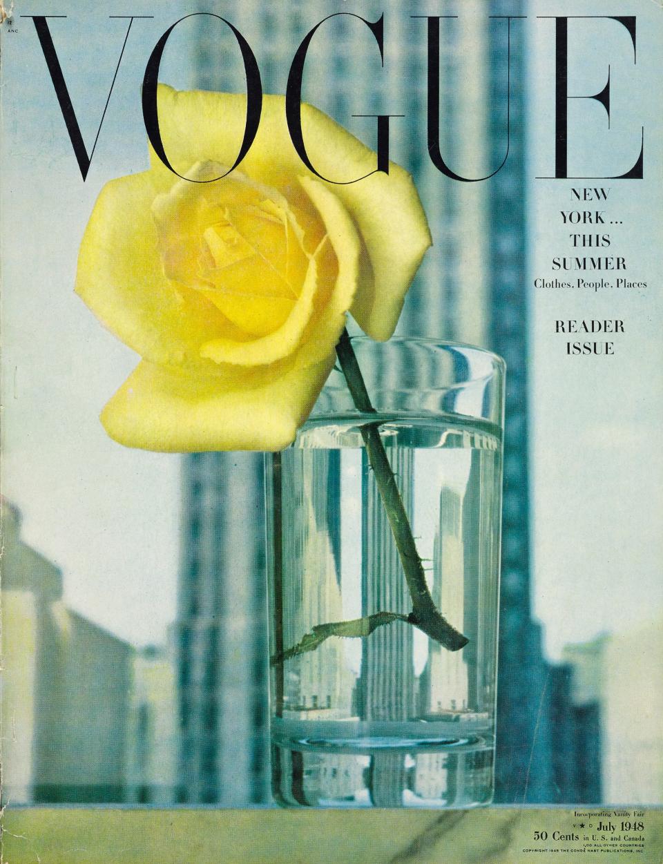 Seen through a glass clearly: the man-made miracle of the Rockefeller Center towers; against them the natural miracle of a slowly opening rose. The recurring subject “a view through a window,” which every painter, at some point, puts down on canvas, is here set down delicately, imaginatively, by Vogue’s artist-photographer Irving Penn. The windowsill is on Saks Fifth Avenue’s sixth floor. “Golden Rapture,” the rose, is from Totty’s.