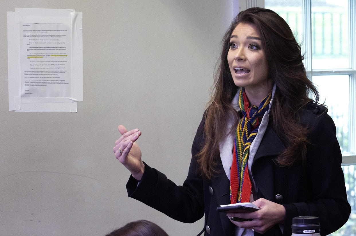 Chanel Rion of OAN asks a question during the daily White House coronavirus briefing on April 1. (Photo: Win McNamee via Getty Images)