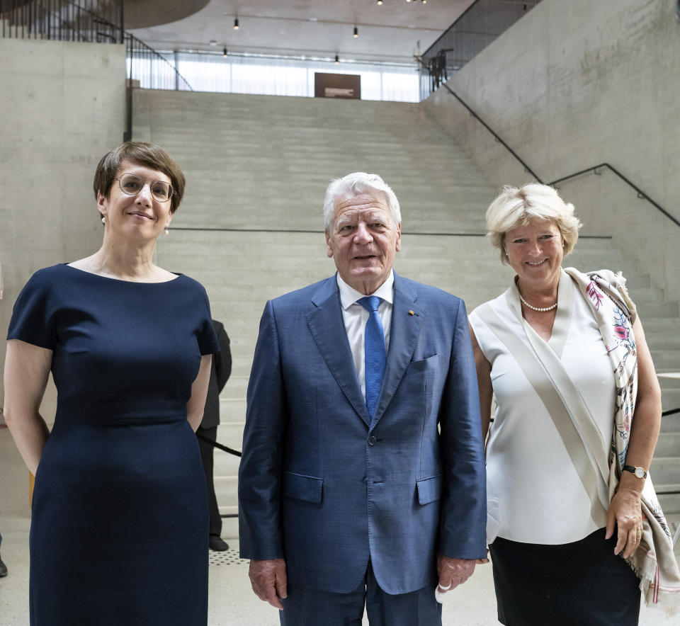 From left Gundula Bavendamm, Director of the Foundation Flight, Expulsion, Reconciliation, Joachim Gauck, former Federal President, and Monika Gruetters, Minister of State for Culture and Media, stand together before the opening ceremony of the Berlin Documentation Center of the Foundation Flight, Expulsion, Reconciliation at Anhalter Bahnhof in Berlin, Germany, Monday, June 21, 2021. Germany is opening a museum exploring the fate of millions of Germans forced to leave eastern and central Europe at the end of World War II, along with other forced displacements of the 20th and 21st centuries — a sensitive project that has taken years to realize. Chancellor Angela Merkel is due to attend an opening ceremony on Monday. (Bernd von Jutrczenka/dpa via AP)