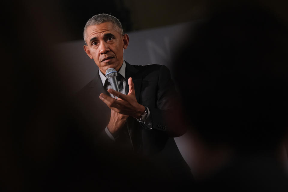 BERLIN, GERMANY - APRIL 06: Former U.S. President Barack Obama speaks to young leaders from across Europe in a Town Hall-styled session on April 06, 2019 in Berlin, Germany. Obama spoke to several hundred young people from European government, civil society and the private sector about the nitty gritty of achieving positive change in government and society.  (Photo by Sean Gallup/Getty Images)