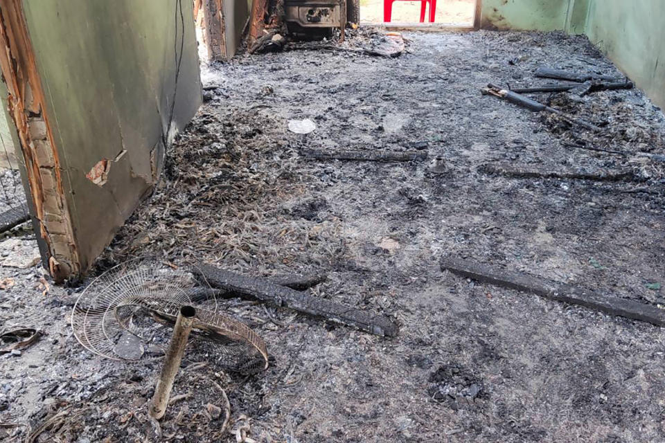 FILE - Debris and soot cover the floor of a middle school in Let Yet Kone village in Tabayin township in the Sagaing region of Myanmar on Saturday, Sept. 17, 2022, the day after an air strike hit the school. Two years after seizing power, Myanmar's military continues to face stiff armed resistance on the ground, and is responding increasingly with air strikes that resistance forces have little defense against, says a report released Tuesday, Jan. 31, 2023, by a human rights monitoring group. (AP Photo, File)