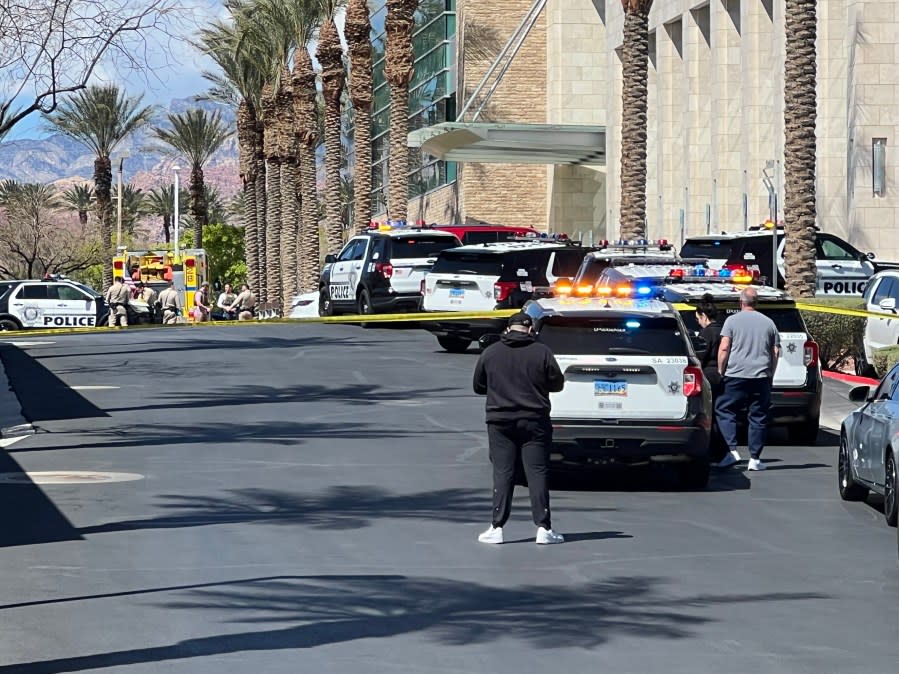 LVMPD investigates a shooting with multiple victims at an office building on W. Charleston Blvd. near Pavilion Center Dr. in Summerlin on April 8, 2024. (KLAS) (KLAS)