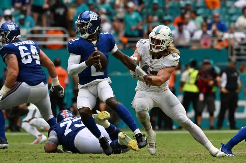 New York Giants quarterback Tyrod Taylor (C) sustained a rib injury in Week 8. File Photo by Larry Marano/UPI