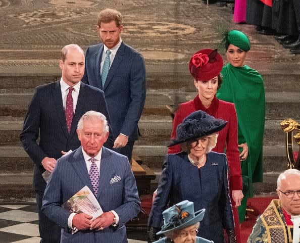 <div class="inline-image__caption"><p>Britain's Prince William, Duke of Cambridge (L), Britain's Prince Charles, Prince of Wales (2nd L), Britain's Prince Harry, Duke of Sussex (3rd L), Britain's Camilla, Duchess of Cornwall (3rd R), Britain's Catherine, Duchess of Cambridge (2nd R) and Britain's Meghan, Duchess of Sussex (R) depart Westminster Abbey after attending the annual Commonwealth Service in London on March 9, 2020.</p></div> <div class="inline-image__credit">Phila Harris/AFP via Getty Images</div>