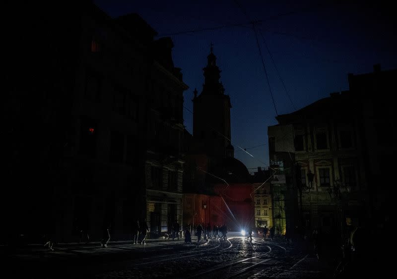 FILE PHOTO: A view shows the city centre without electricity after critical civil infrastructure was hit by a Russian missile attacks in Ukraine in Lviv