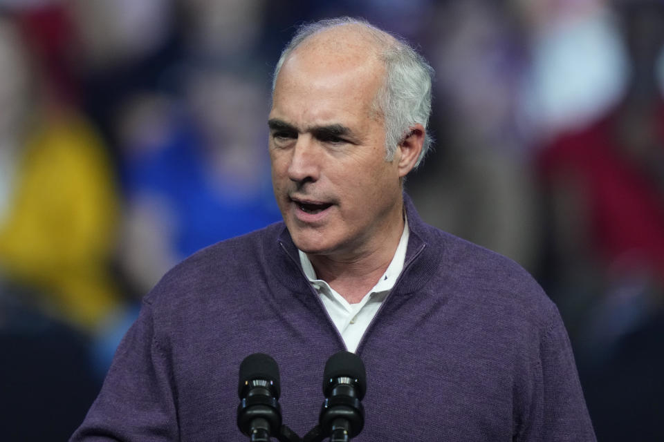 FILE - Sen. Bob Casey, D-Pa., speaks before President Joe Biden at a campaign rally for Pennsylvania's Democratic gubernatorial candidate Josh Shapiro and Democratic Senate candidate Lt. Gov. John Fetterman, Nov. 5, 2022, in Philadelphia. Casey has not said whether he intends to run for a fourth term. Casey easily won reelection in 2018, but Pennsylvania has been competitive for Republicans, including in this year’s Senate race won by Democrat John Fetterman. (AP Photo/Matt Rourke, File)