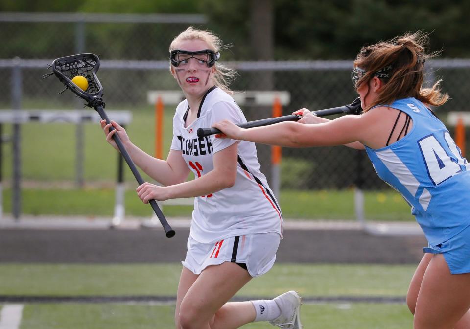 Tecumseh's Avah Holland handles the ball during Wednesday's game against Ann Arbor Skyline.