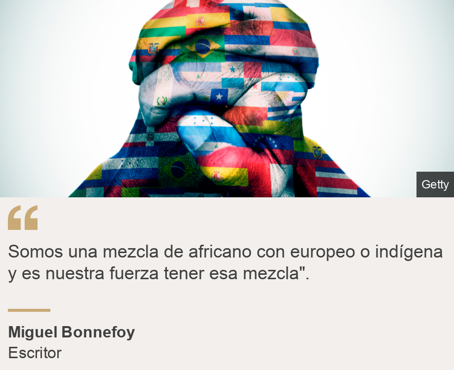 "Somos una mezcla de africano con europeo o indígena y es nuestra fuerza tener esa mezcla". ", Source: Miguel Bonnefoy, Source description: Escritor, Image: Manos con banderas latinas.