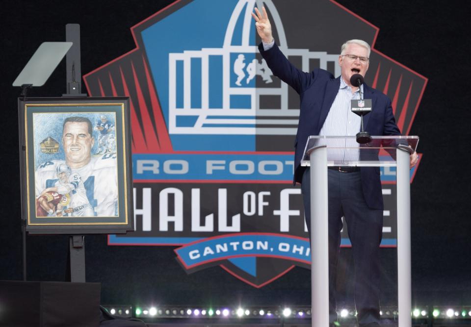 Scott Howley, son of Chuck Howley, speaks on behalf of his father during the Pro Football Hall of Fame Enshrinement on Saturday.