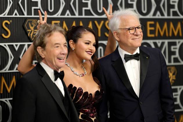 Martin Short, Selena Gomez and Steve Martin at the Emmy Awards on Jan. 15, 2024 in Los Angeles, CA. - Credit: Neilson Barnard/Getty Images