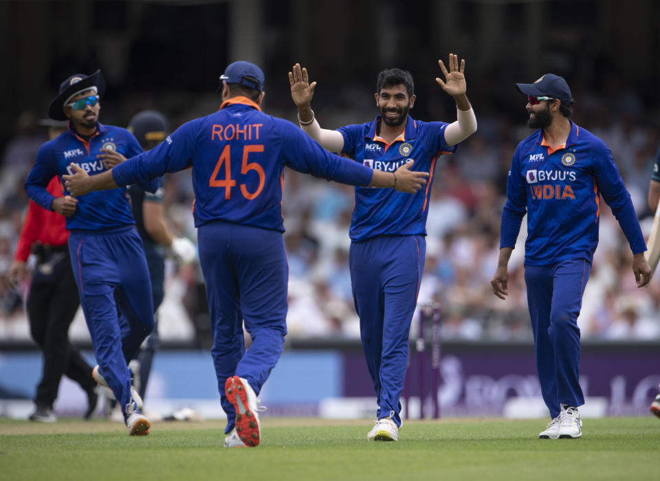 Jasprit Bumrah, pictured here celebrating after taking his fifth wicket against England.