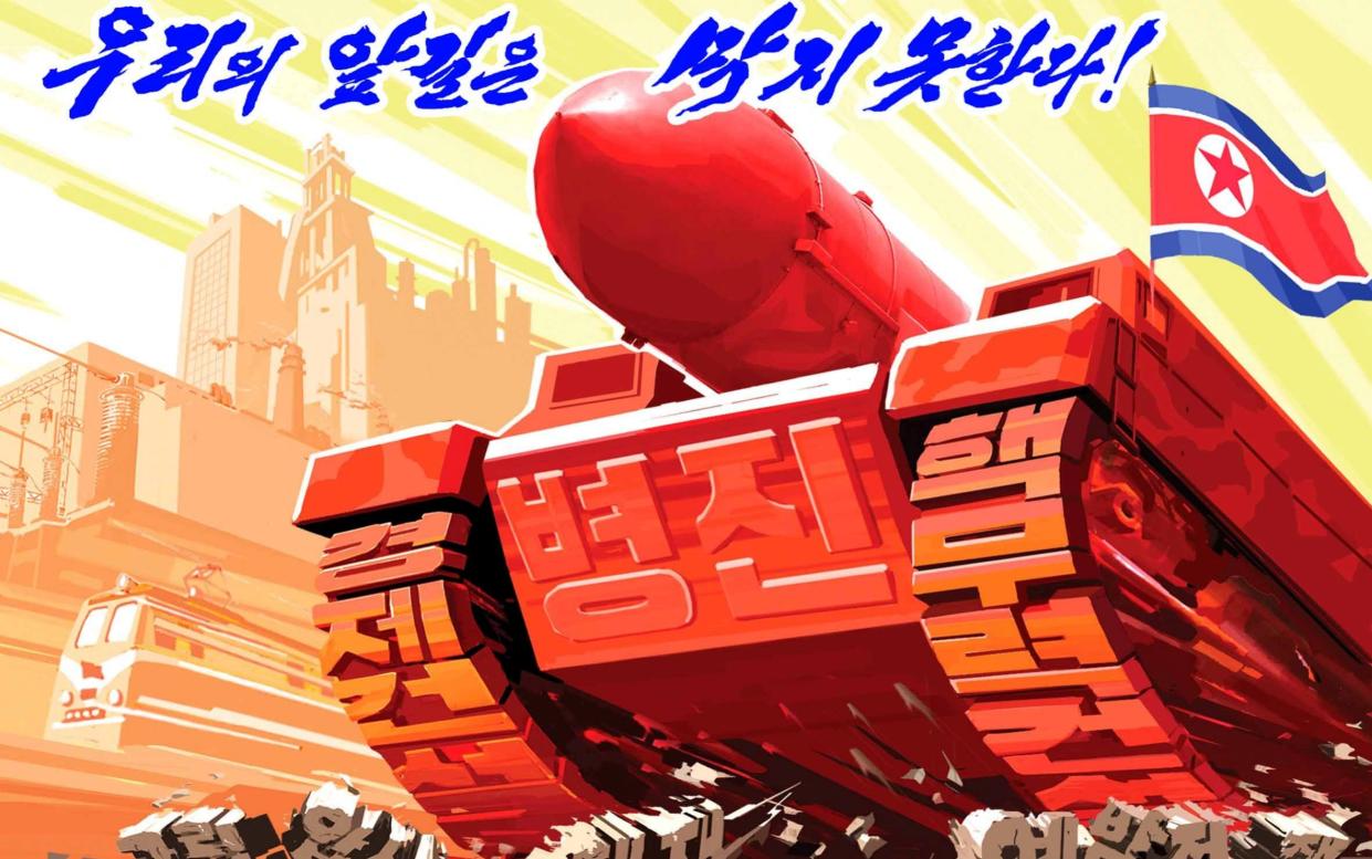 A propaganda poster criticising international sanctions released by North Korea's KCNA - REUTERS