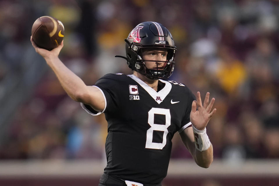 Minnesota quarterback Athan Kaliakmanis (8) passes during the first half of an NCAA college football game against Eastern Michigan, Saturday, Sept. 9, 2023, in Minneapolis. (AP Photo/Abbie Parr)