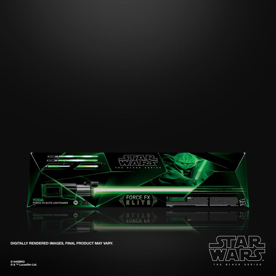 Star Wars: The Black Series Yoda Force FX Elite Electronic Lightsaber on a black background
