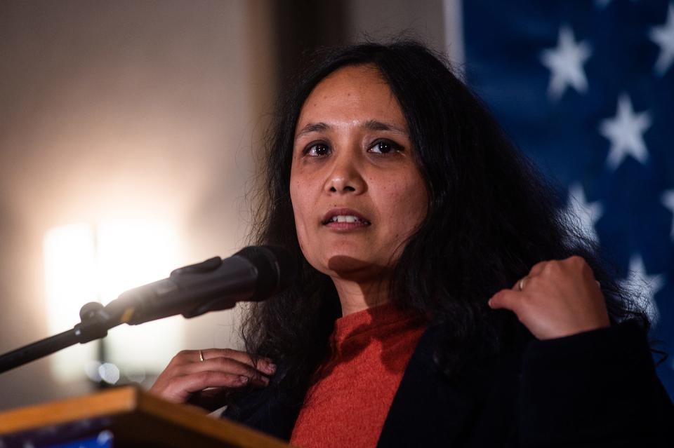 Sarahana Shrestha declares her victory in the 103rd Assembly race  at the Ulster County Democrats Election Night Watch Party in Kingston on Tuesday, Novemeber 8, 2022.