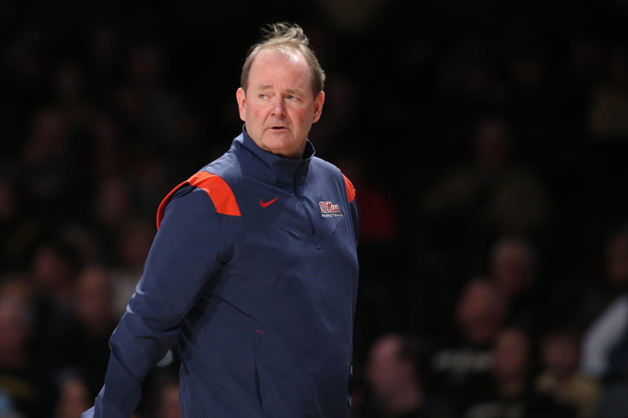 NASHVILLE, TN - FEBRUARY 04: Mississippi Rebels head coach Kermit Davis watches play from the sideline during a game between the Vanderbilt Commodores and Mississippi Rebels, January 4, 2023 at Memorial Gymnasium in Nashville, Tennessee. (Photo by Matthew Maxey/Icon Sportswire via Getty Images)