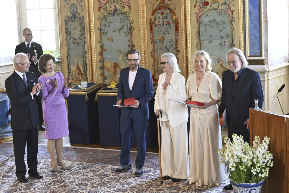 The music group ABBA with Björn Ulvaeus, Anni-Frid Lyngstad, Agnetha Fältskog and Benny Andersson will receive the Royal Vasa Order from Sweden's King Carl Gustaf and Queen Silvia at a ceremony at Stockholm Royal Palace on May 31 for outstanding contributions to Swedish and international music life. (Henrik Montgomery/TT News Agency via AP)