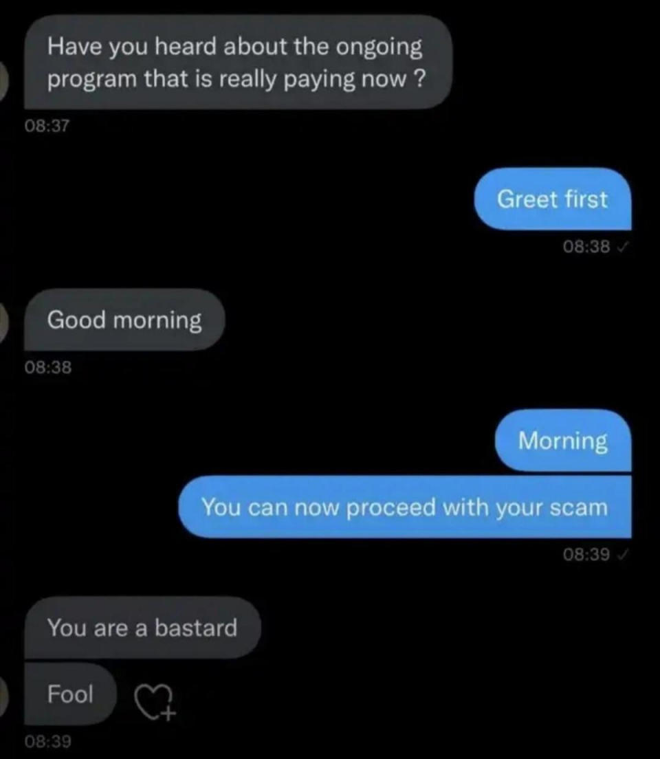 "Have you heard about the ongoing program that is really paying now?" Response is "Greet first," and after they say "Good morning," they're told "Morning, you can now proceed with your scam," and the response is "You are a bastard, fool"