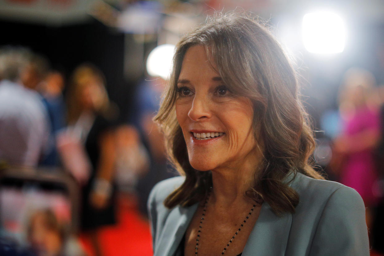 Democratic 2020 U.S. presidential candidate author Marianne Williamson is interviewed before the second night of the second Democratic 2020 U.S. presidential candidates debate in Detroit, Michigan, U.S. July 31, 2019.  REUTERS/Brian Snyder