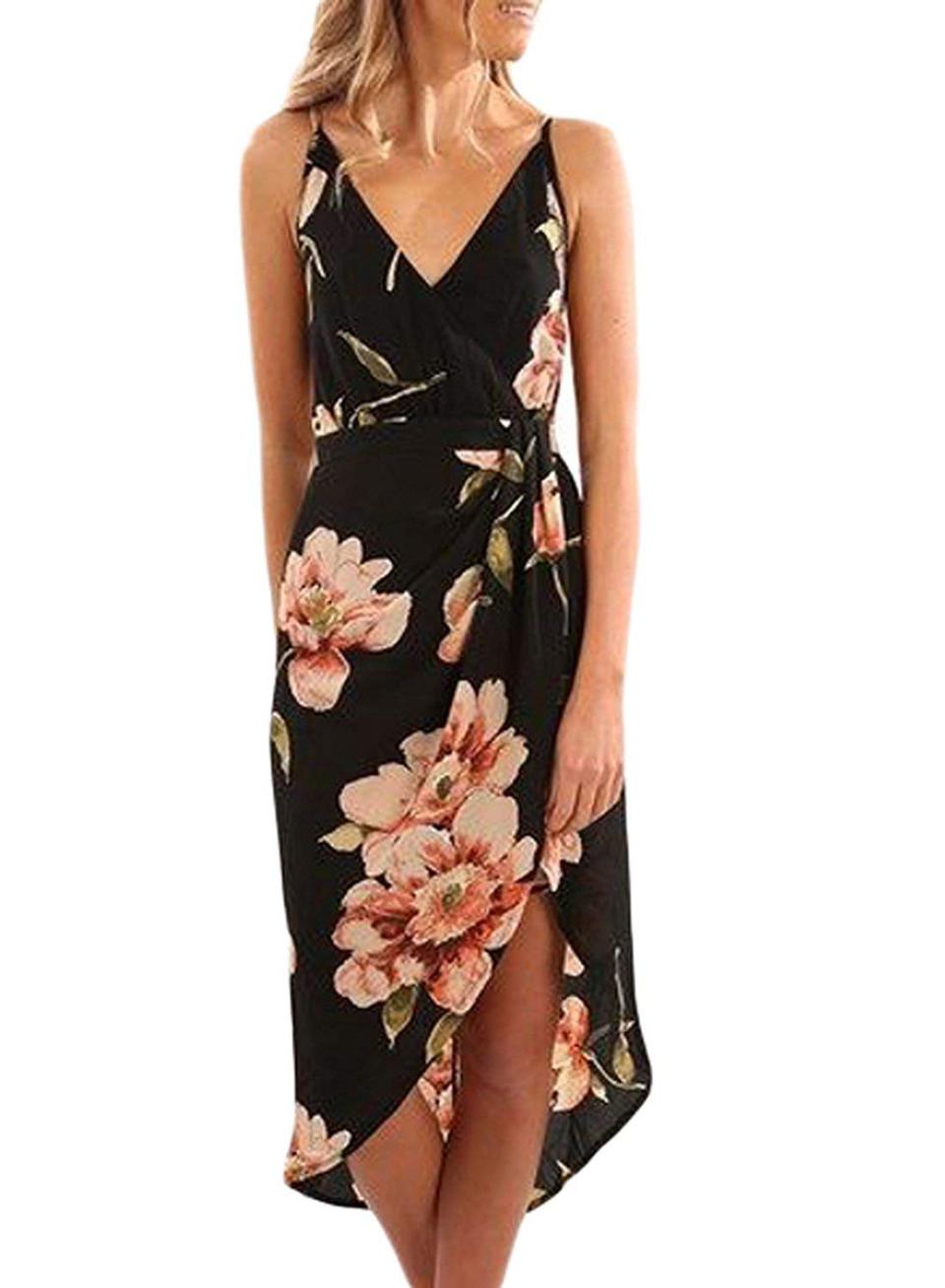 <b>Buy It! </b>Dearlove Spaghetti Strap Wrap Dress, $23.99–$25.99; <a href="https://www.amazon.com/Womens-Backless-Spaghetti-Sleeveless-Floral/dp/B07CCN4D5X/ref=as_li_ss_tl?ie=UTF8&linkCode=ll1&tag=pobestwrapdressesrcarhart0519-20&linkId=7cf6588e66c6c49cac2fce4b3bdfb1a6&language=en_US" rel="nofollow noopener" target="_blank" data-ylk="slk:amazon.com;elm:context_link;itc:0;sec:content-canvas" class="link ">amazon.com</a>