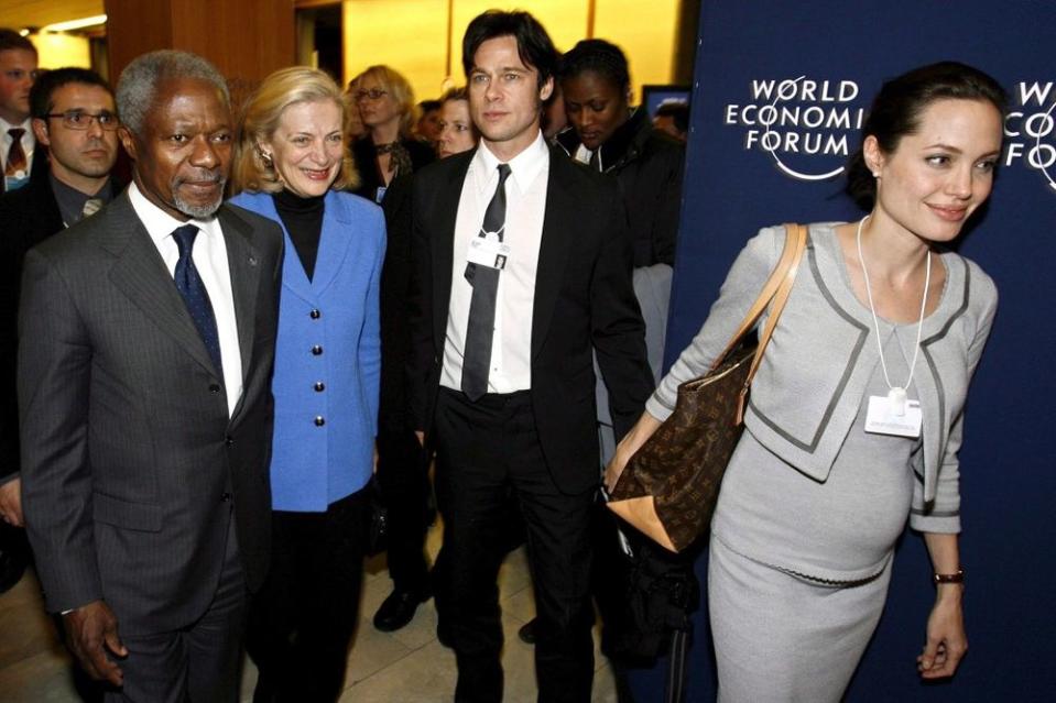 Kofi Annan with his wife Nane Annan, Brad Pitt and Angelina Jolie
