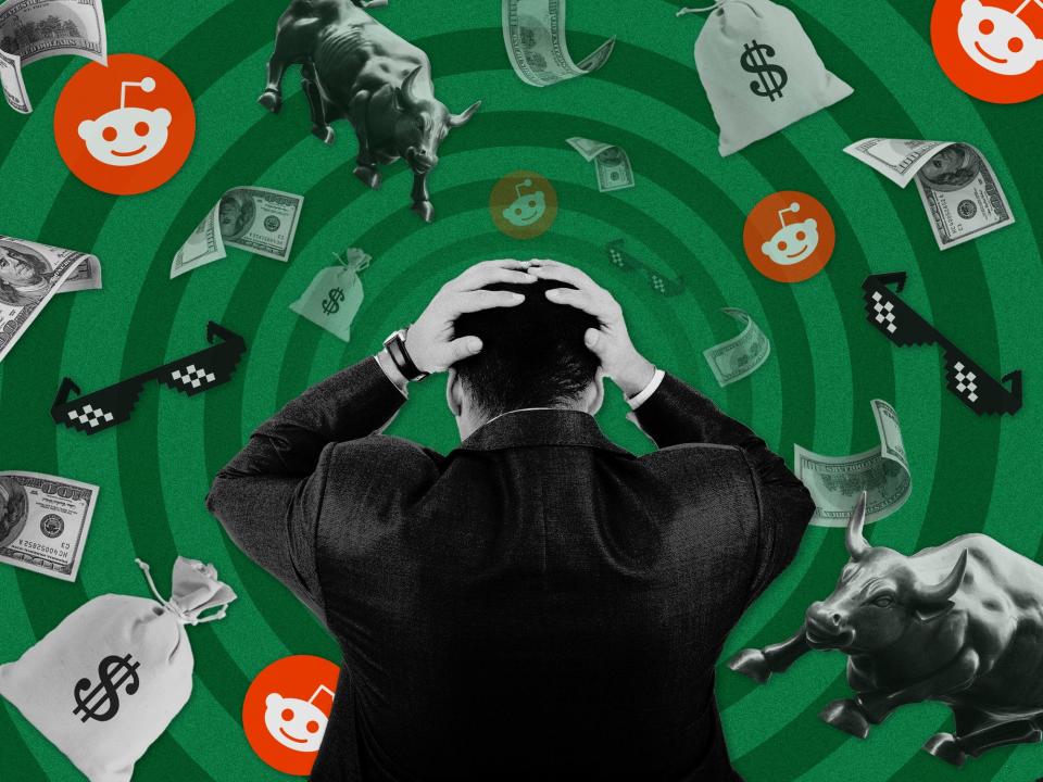 Frustrated business man in front of circle vortex with Reddit logo, Wall Street bull and money 4x3