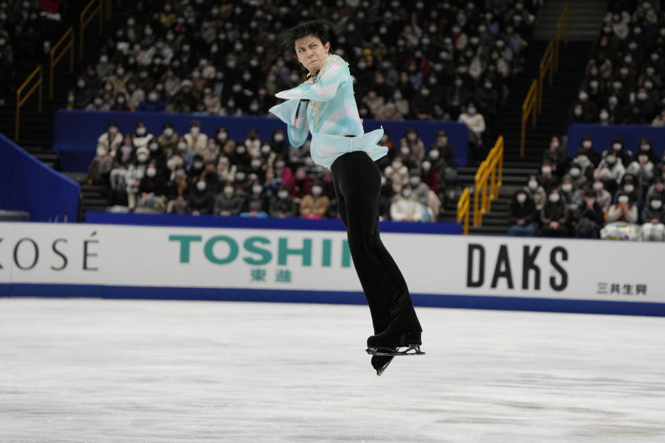 Yuzuru Hanyu of Japan performs during the men's free skating competition of the Japan Figure Skating Championships at Saitama Super Arena, in Saitama, north of Tokyo, Sunday, Dec. 26, 2021. (AP Photo/Eugene Hoshiko)