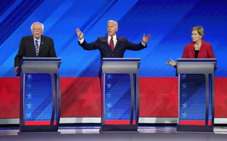 Senator Bernie Sanders, former Vice President Joe Biden and Senator Elizabeth Warren debate during the 2020 Democratic U.S. presidential debate in Houston