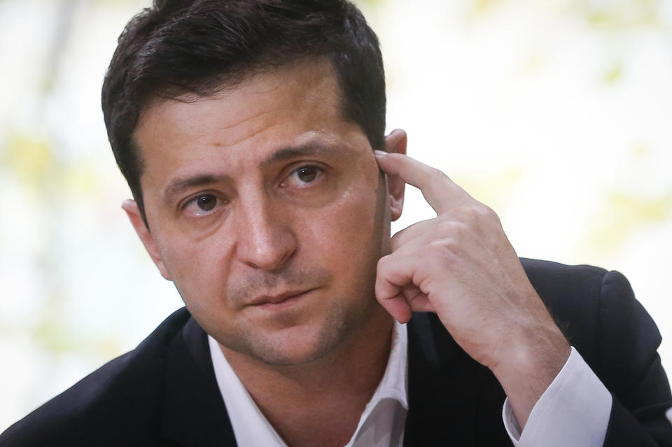 FILE - Ukrainian President Volodymyr Zelenskyy attends a talk with journalists in Kyiv, Ukraine on Oct. 10, 2019. (AP Photo/Efrem Lukatsky, File)