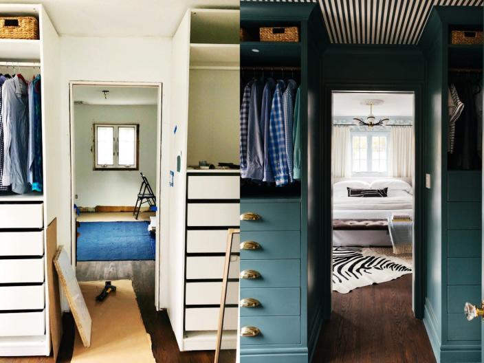 Chronisch bruiloft Geheugen See how an interior designer hacked a basic Ikea Pax wardrobe into a lush,  inky blue walk-in closet