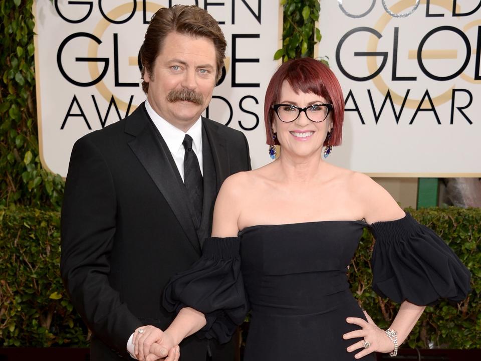 Nick Offerman and Megan Mullally attend the 71st Annual Golden Globe Awards held at The Beverly Hilton Hotel on January 12, 2014 in Beverly Hills, California