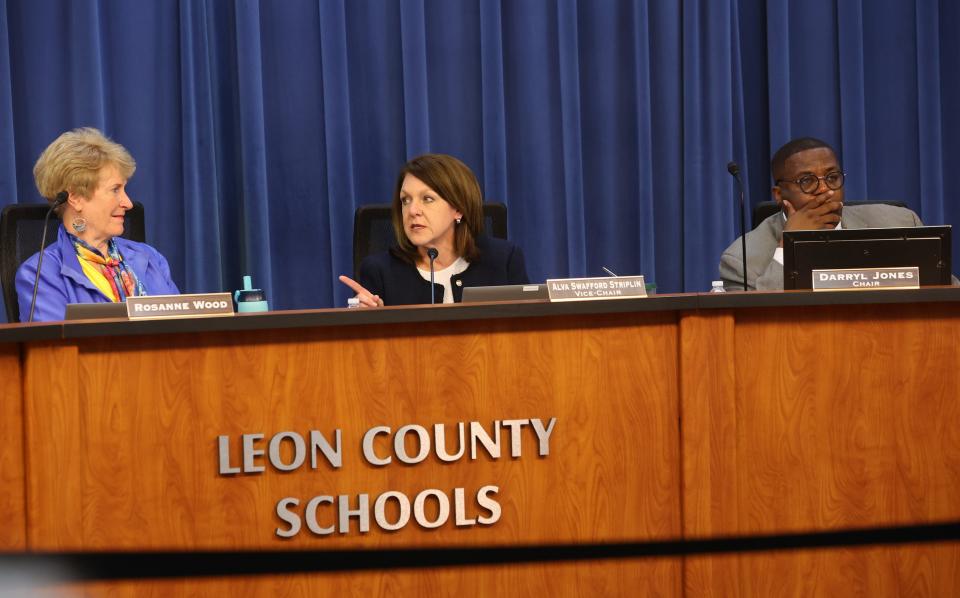 From left, school board members Rosanne Wood, Alva Striplin and Darryl Jones at a Leon County School Board meeting on Tuesday, Nov. 22, 2022.