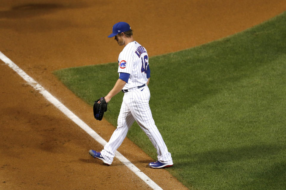 Chicago Cubs relief pitcher Craig Kimbrel, leaves the game during the ninth inning of a baseball game against the Kansas City Royals Tuesday, Aug. 4, 2020, in Chicago. The Cubs won 5-4. (AP Photo/Charles Rex Arbogast)