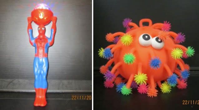 A 'jumbo tentacle ball' and Spiderman light-up wand were also deemed compliant. Photo: NSW Fair Trading