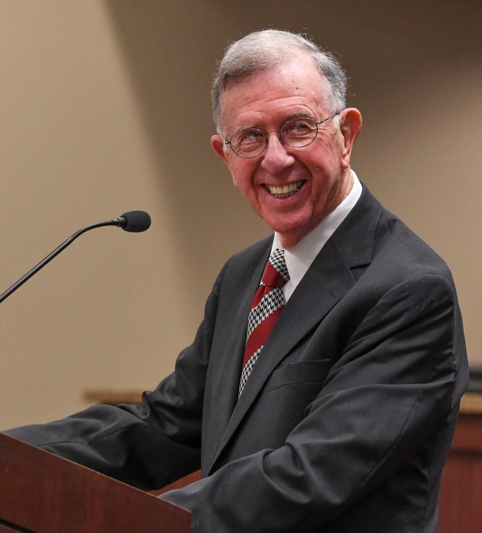 Jan 03, 2023; Northport, AL, USA;  John Hinton speaks in the city council chamber in Northport moments after being sworn in as mayor.