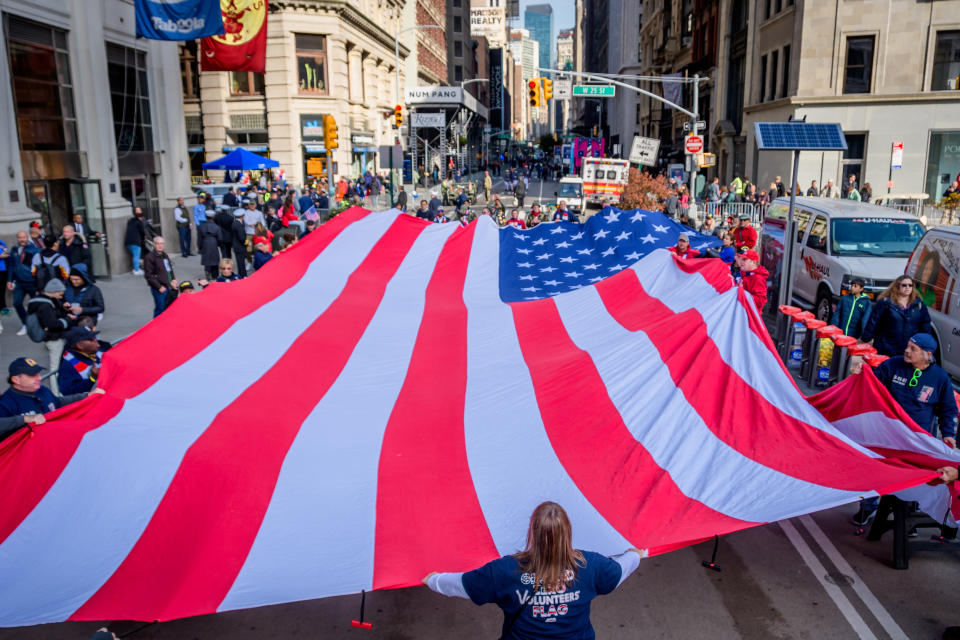 MANHATTAN, NEW YORK, UNITED STATES - 2019/11/11: A giant American flag was unfurled at Madison Square Park  during the Veteran's Day Parade. (Photo by Erik McGregor/LightRocket via Getty Images)
