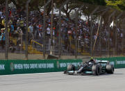 Mercedes driver Valtteri Bottas, of Finland, drives his car during the Brazilian Formula One Grand Prix at the Interlagos race track in Sao Paulo, Brazil, Sunday, Nov. 14, 2021. (AP Photo/Marcelo Chello)