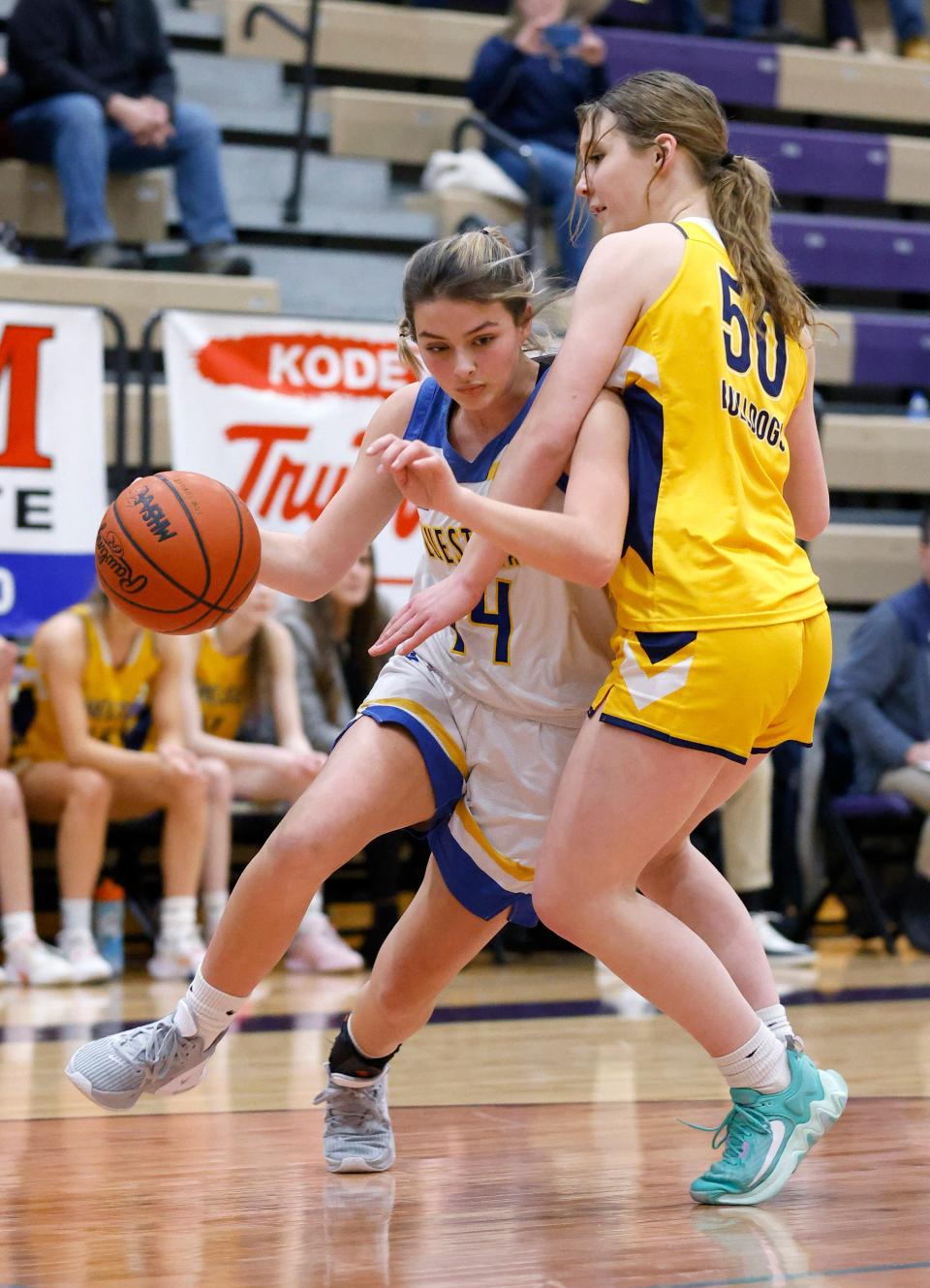 Ida's Jessica Schrader, left, drives against Chelsea's Grace-Miriam Ratliff, Tuesday, March 7, 2023, at Fowlerville High School.