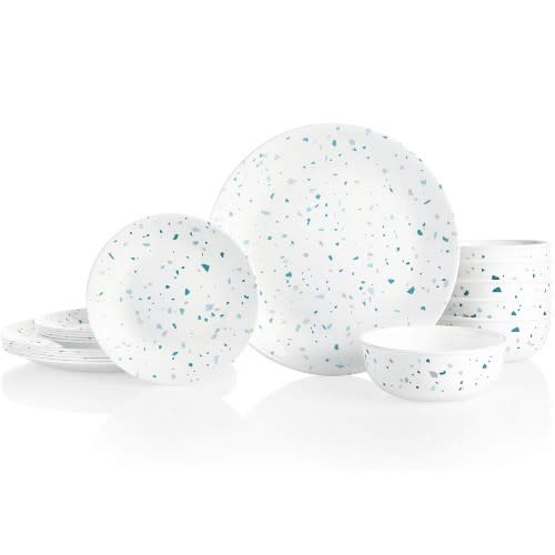 Corelle 18-Piece Service for 6, Chip Resistant Dinnerware Set, Terrazzo Verde. (Photo: Amazon)