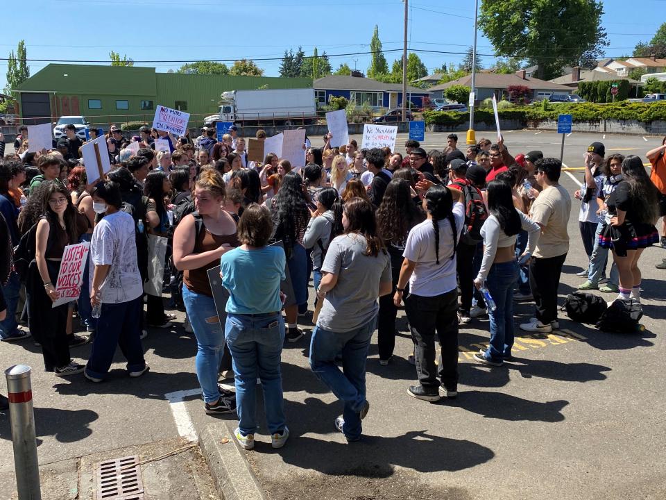 High school students march to the Salem-Keizer Student Support Services Center in support of students who have alleged abuse by a teacher and former coach.