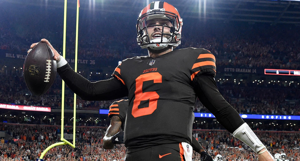 Baker Mayfield was having a much better time playing football against the New York Jets. (Getty Images)